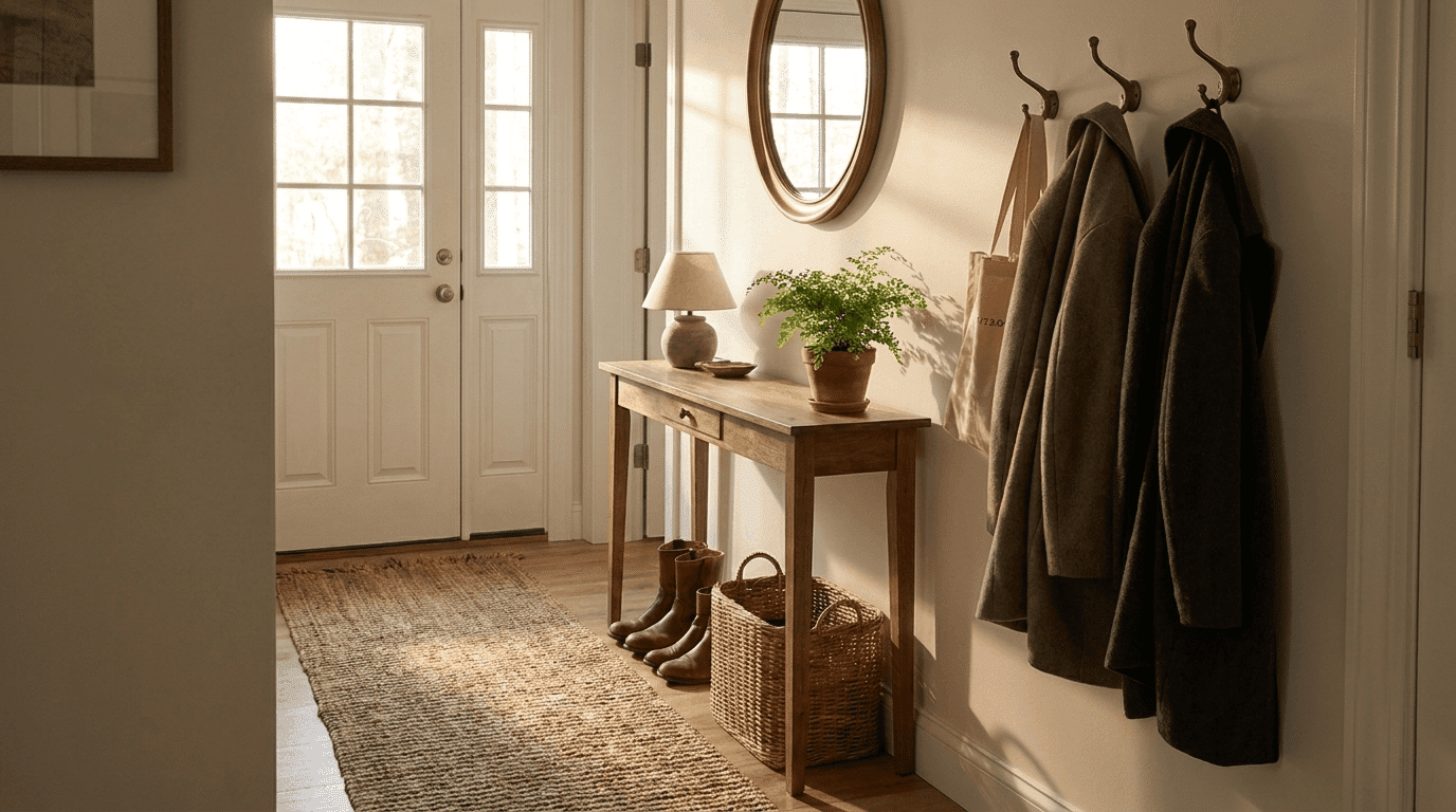 Compact small entryway with console table, runner rug, wall hooks, and plant, sunlight creating soft shadows.