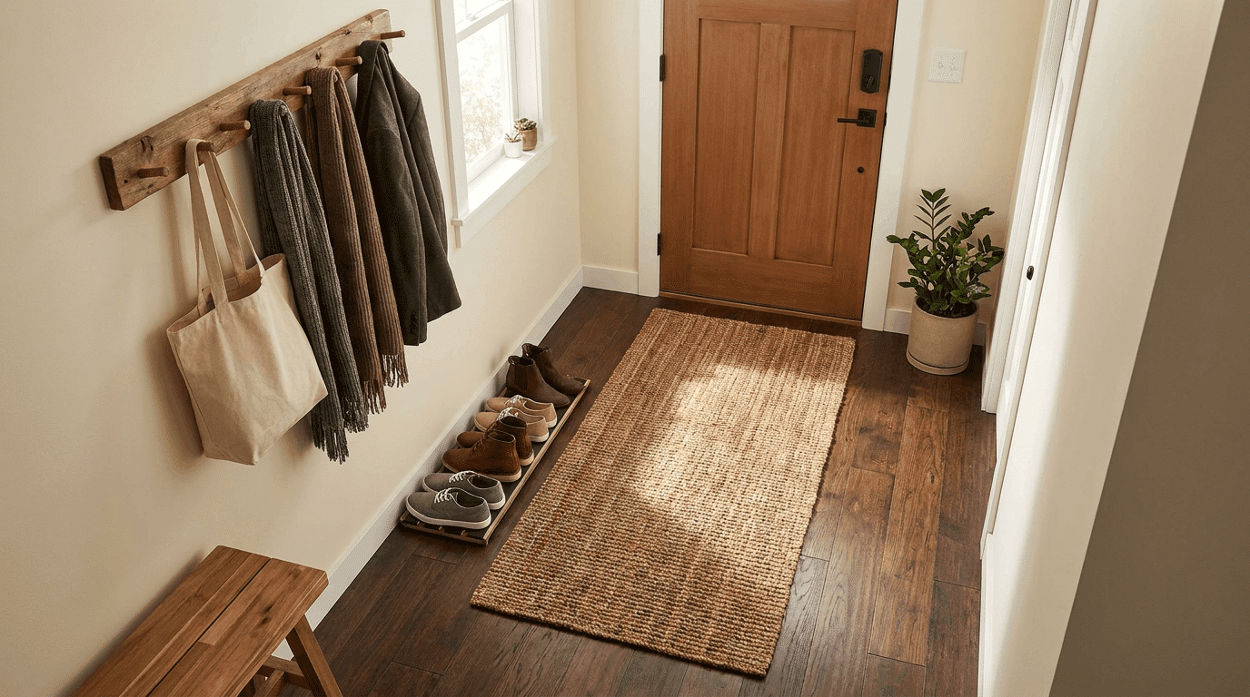 Small entryway with runner rug defining drop zone, shoes and hooks neatly arranged, soft sunlight and shadows.