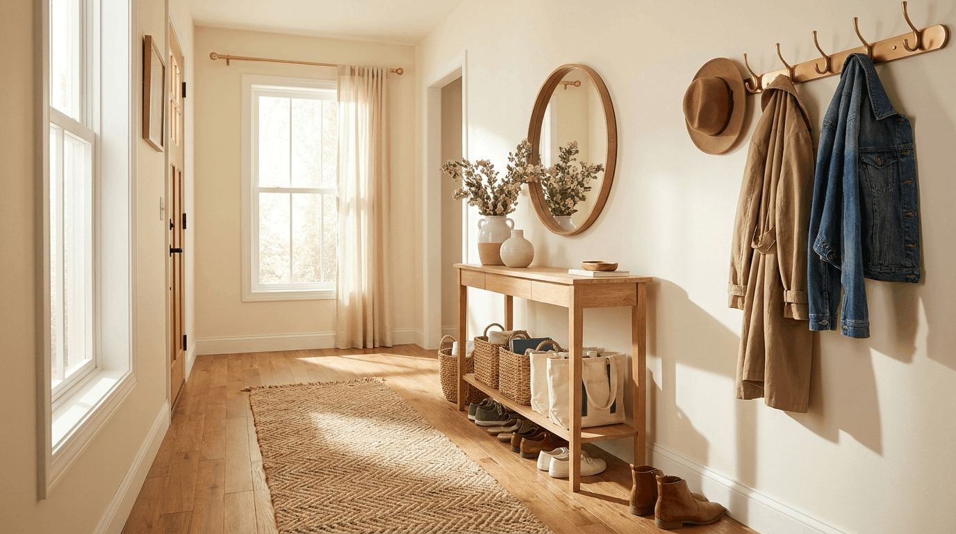 Wide-angle narrow hallway with console table, runner rug, wall decor, and natural daylight illuminating space.