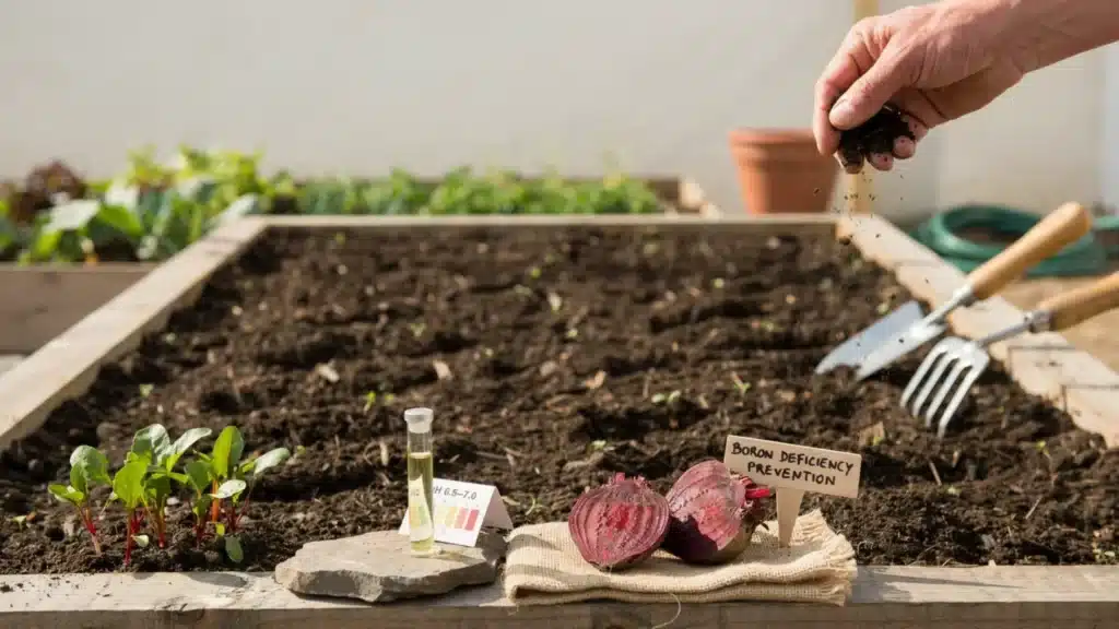 Garden bed with prepared soil for beetroot planting, focusing on soil texture and spacing.