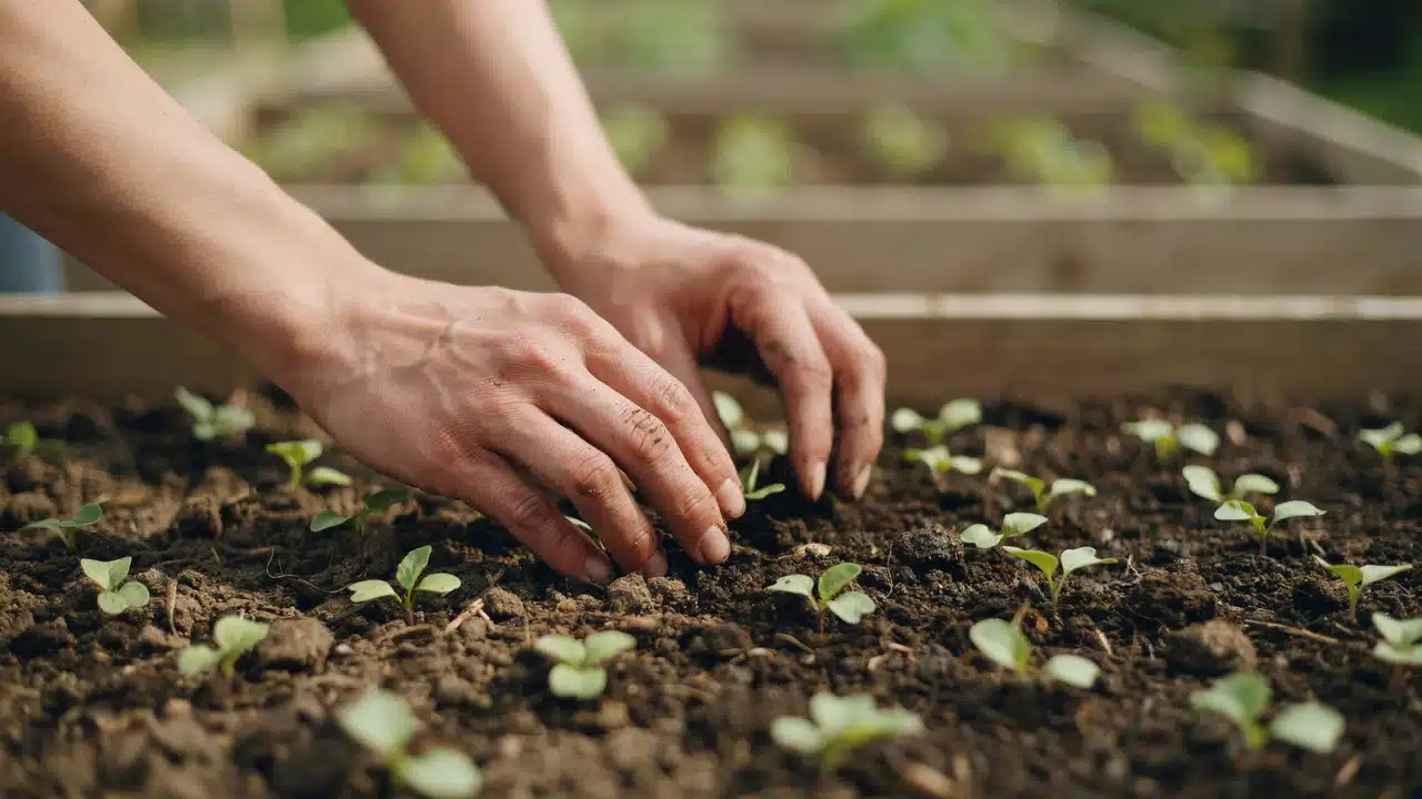 Hands planting young seedlings into prepared soil to grow sweet peas with proper spacing and care.