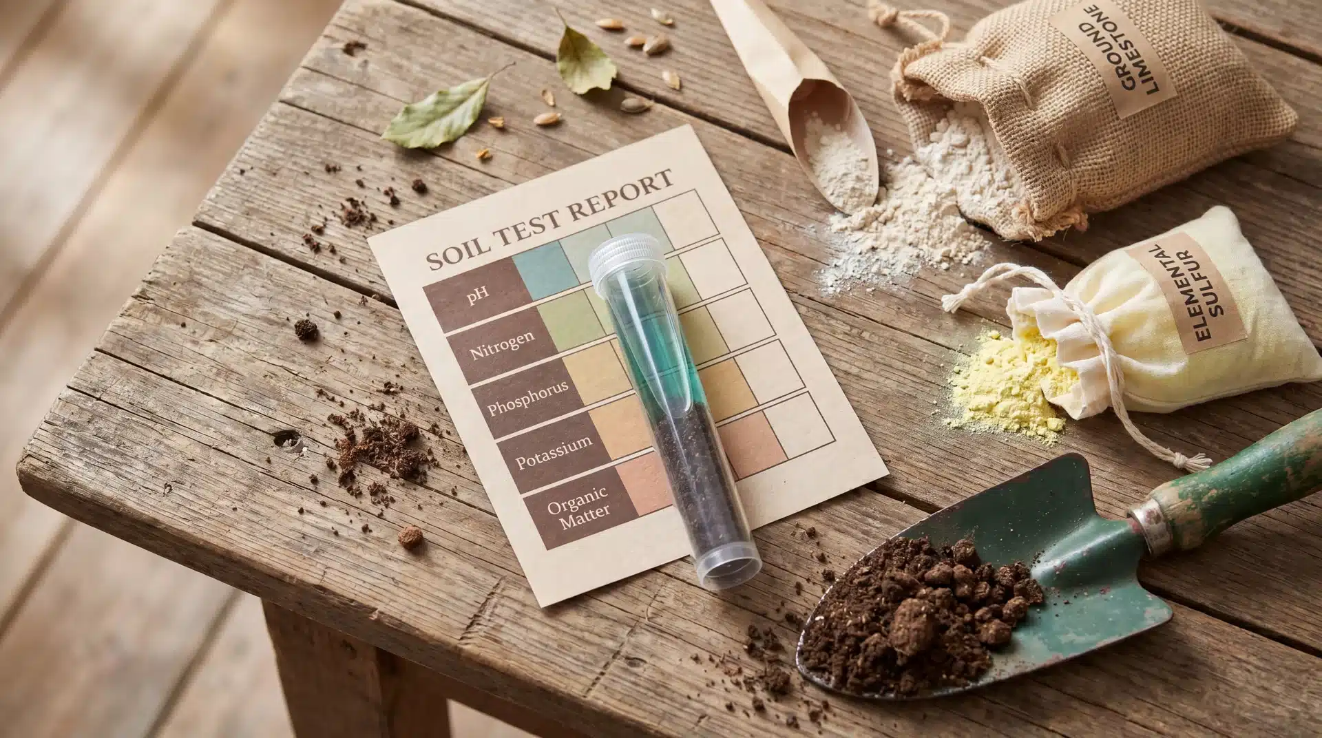 A soil test kit with a test tube, a soil report sheet, and bags of ground limestone and elemental sulfur for adjusting soil nutrients.
