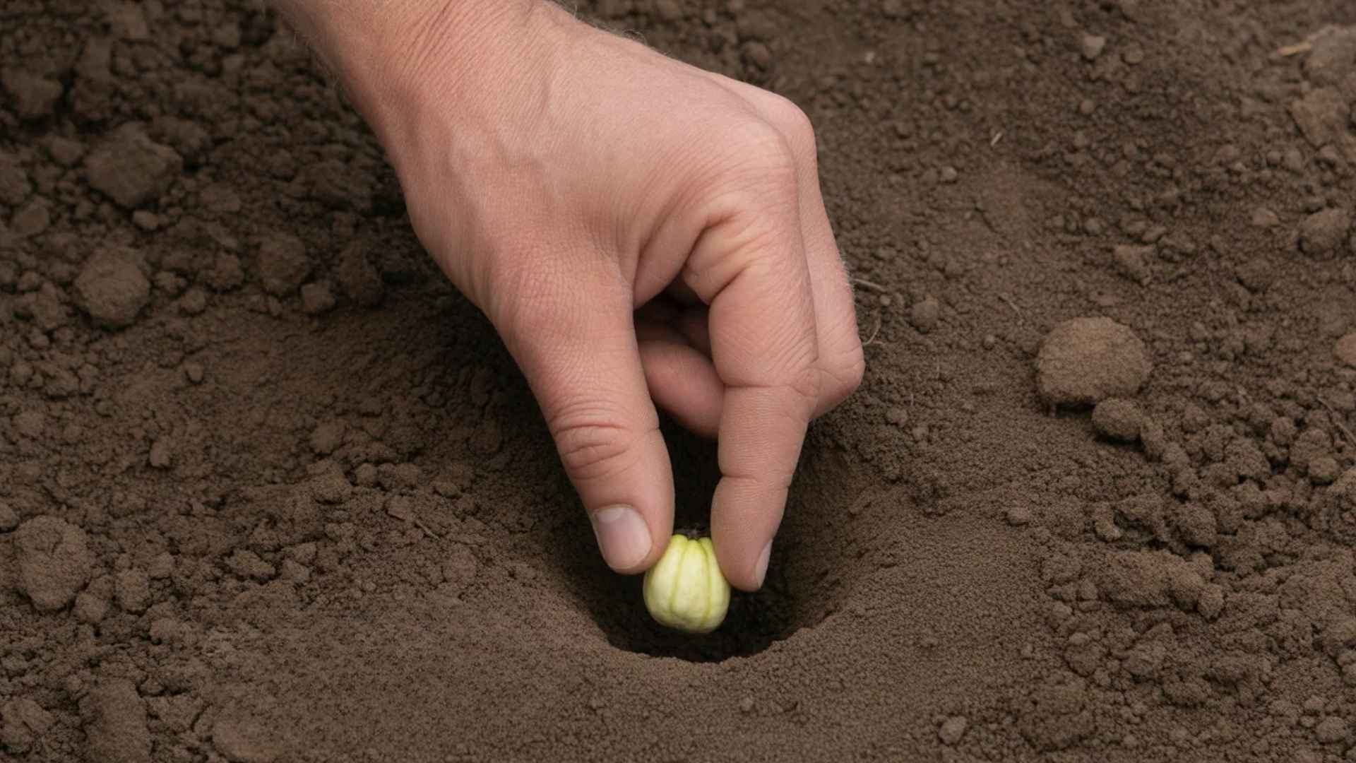 A person planting a seed in a hole in the soil, ensuring it is positioned at the proper depth.