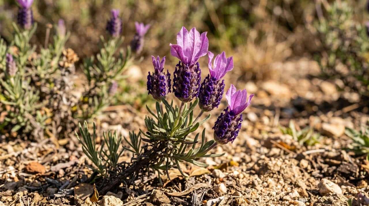 Spanish lavender with rounded flower heads and prominent wing bracts in dry soil showing types of lavender plants.