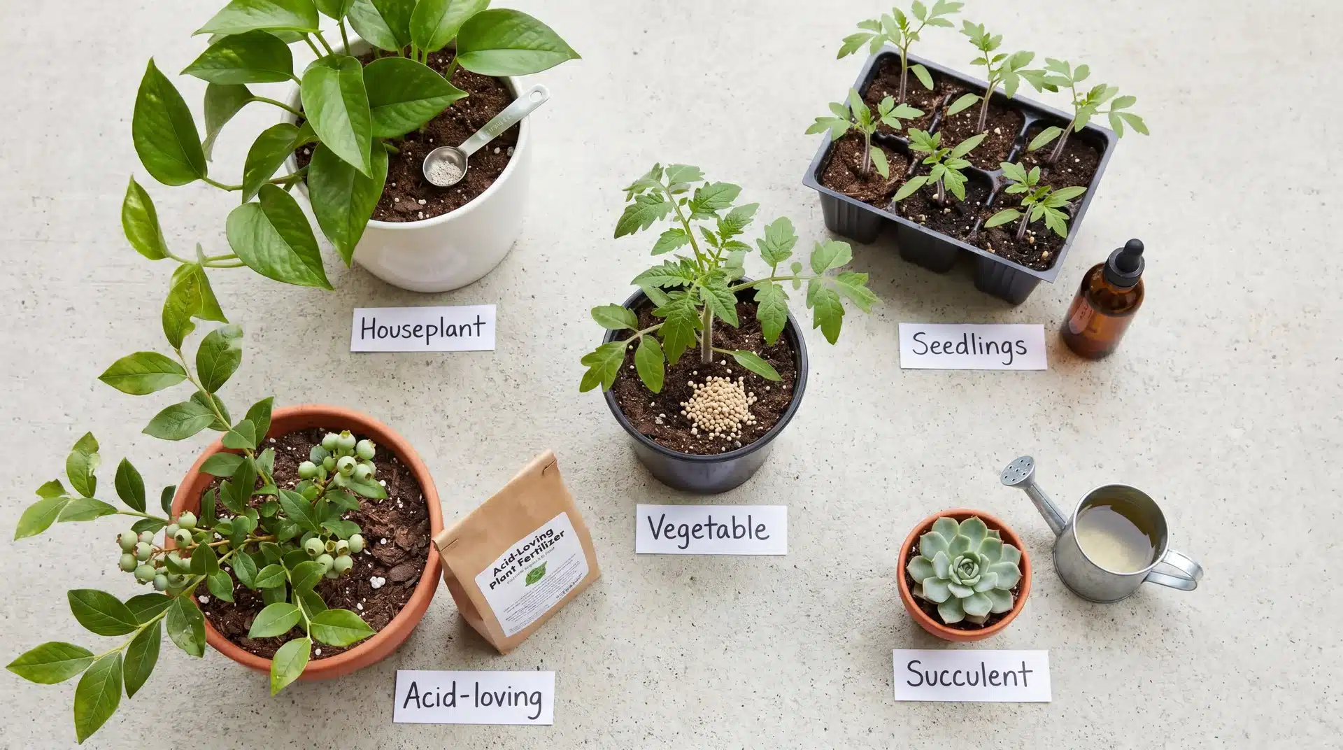 Various types of plants labeled for fertilizing needs: houseplant, acid-loving plant, vegetable, seedlings, and succulent.