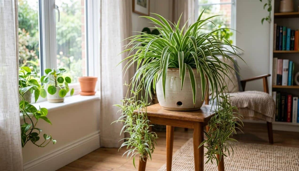 Spider plant care showing a healthy mature spider plant in bright indirect light with cascading spiderettes indoors