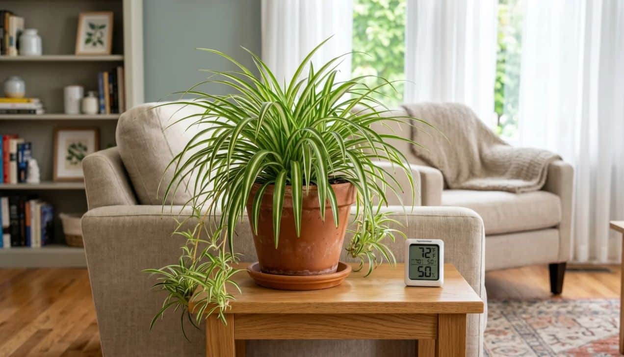 Spider plant care showing ideal indoor temperature and humidity conditions for healthy foliage and steady growth