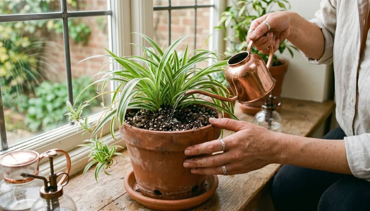 Spider plant care watering routine showing proper soil moisture and thorough watering near a bright window
