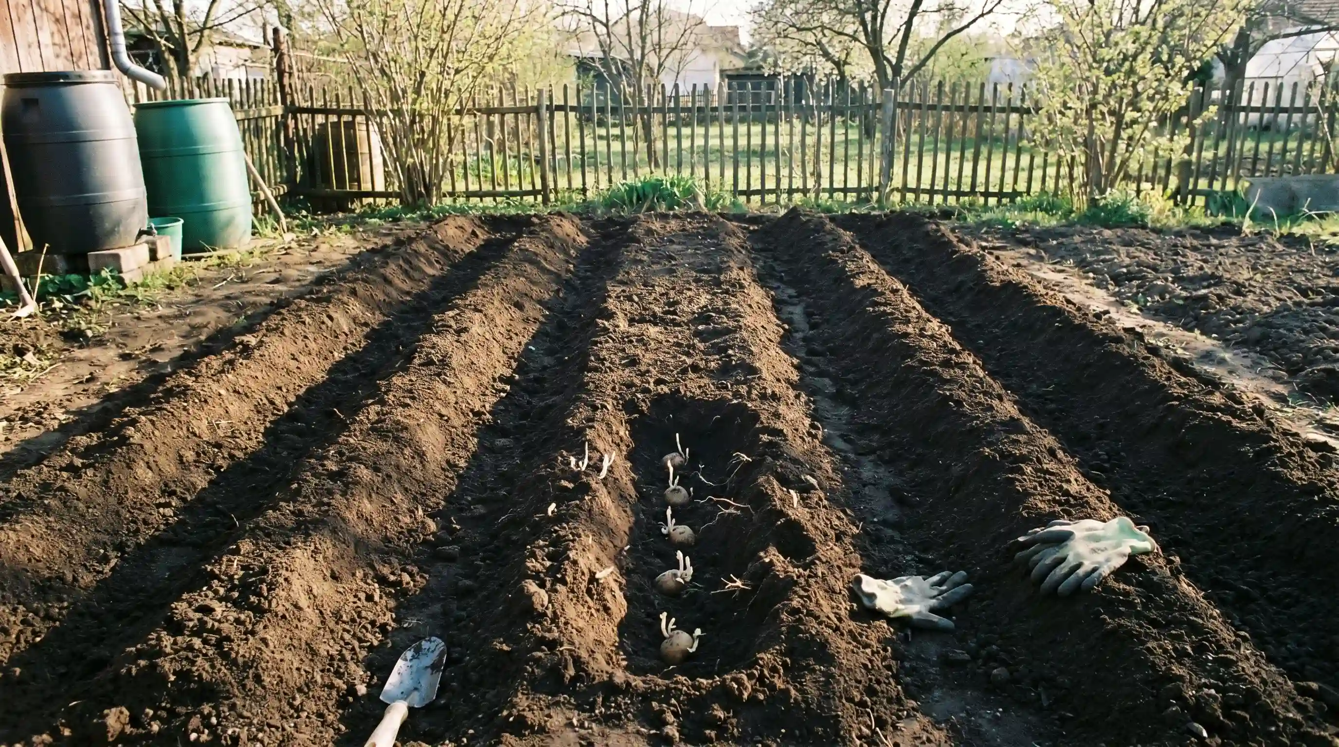 Freshly planted potato rows in a garden, showing seed potatoes with tiny underground sprouts beginning to grow.