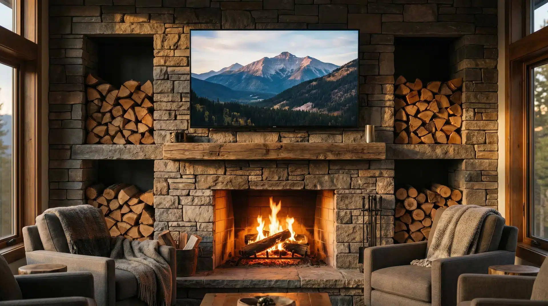 TV on stacked stone fireplace wall with symmetrical firewood log storage niches either side.
