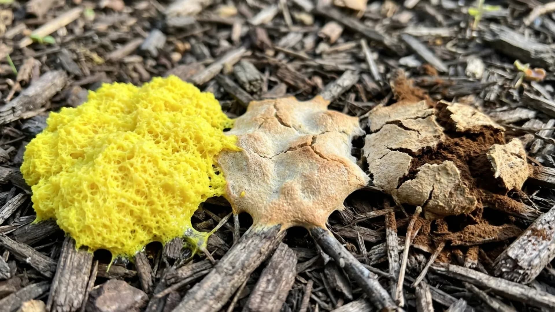 Three stages of yellow slime mold on mulch: bright yellow foamy stage, dried tan crust, and cracked brown powdery spores