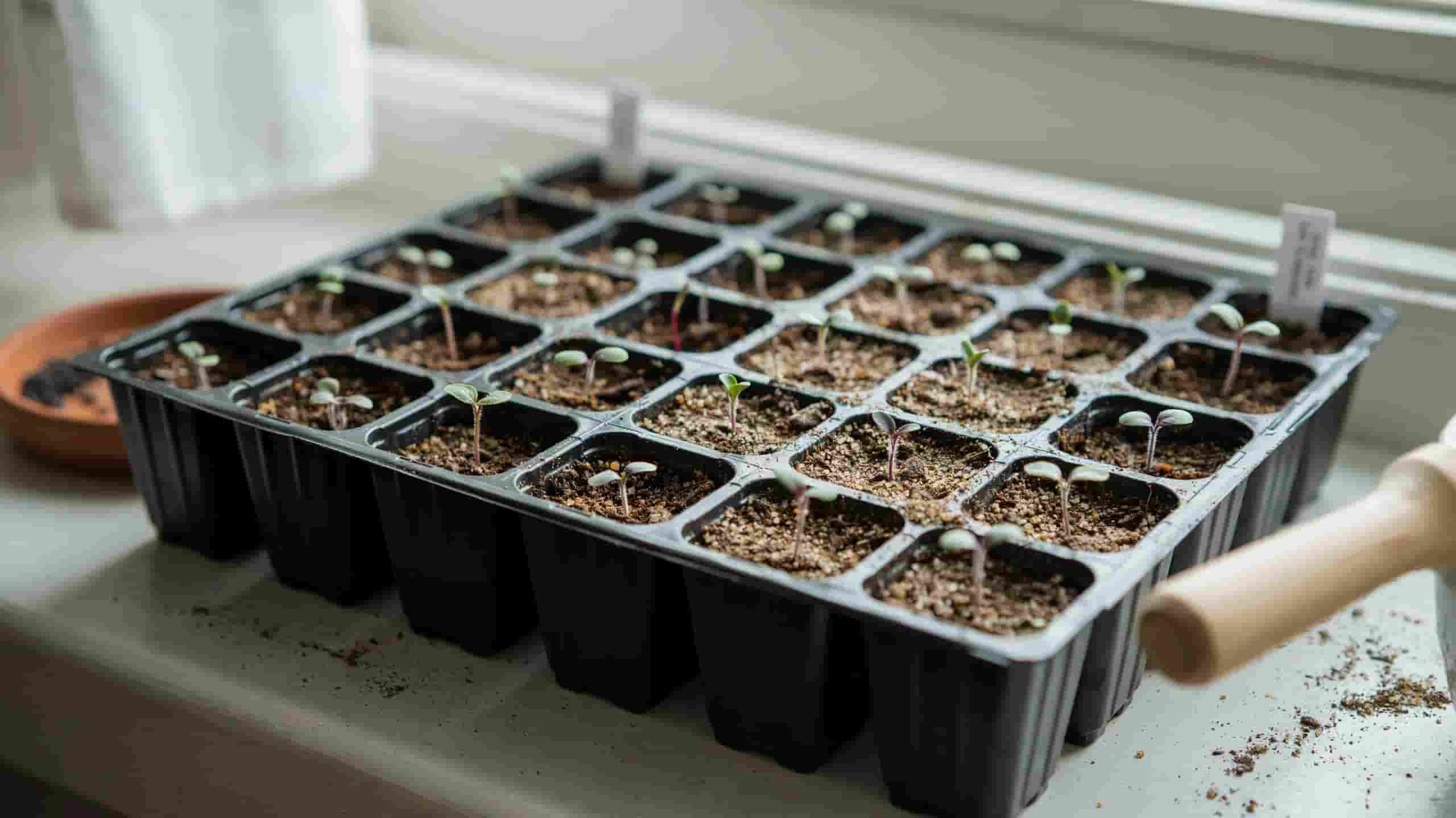 Lavender seeds germinating in a tray with sunlight, showing how and when to plant lavender indoors