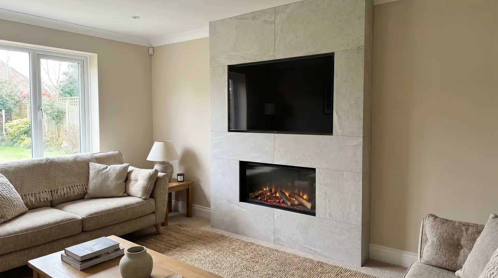 Stone-effect cladding panels surrounding an electric fireplace and TV on a UK media wall