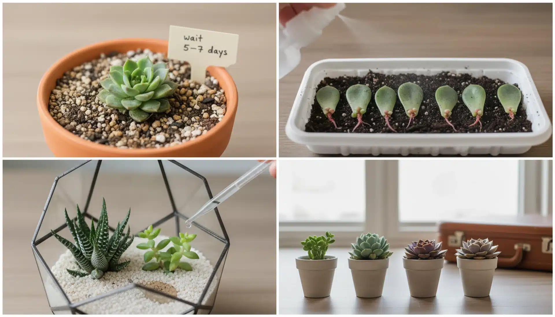 Four-panel collage of a repotted succulent, leaf propagation misting, a glass terrarium, and pre-vacation pots