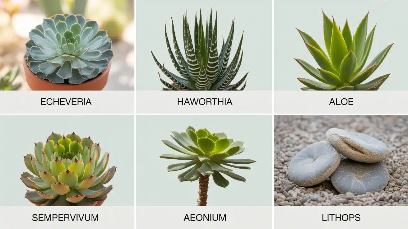Six-panel identification chart showing Echeveria, Haworthia, Aloe, Sempervivum, Aeonium, and Lithops succulent types