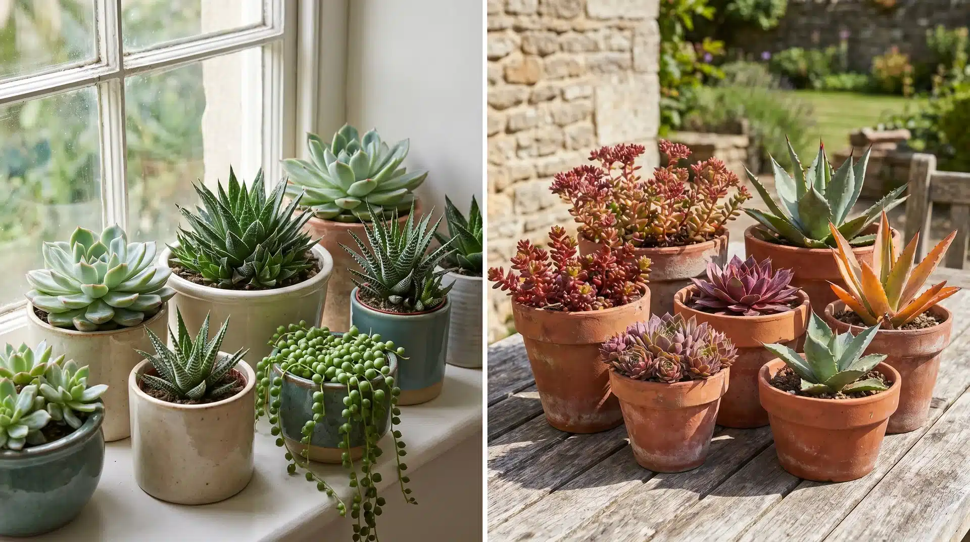 Indoor vs outdoor succulent plants in pots, showing lighting differences and growth conditions for care comparison