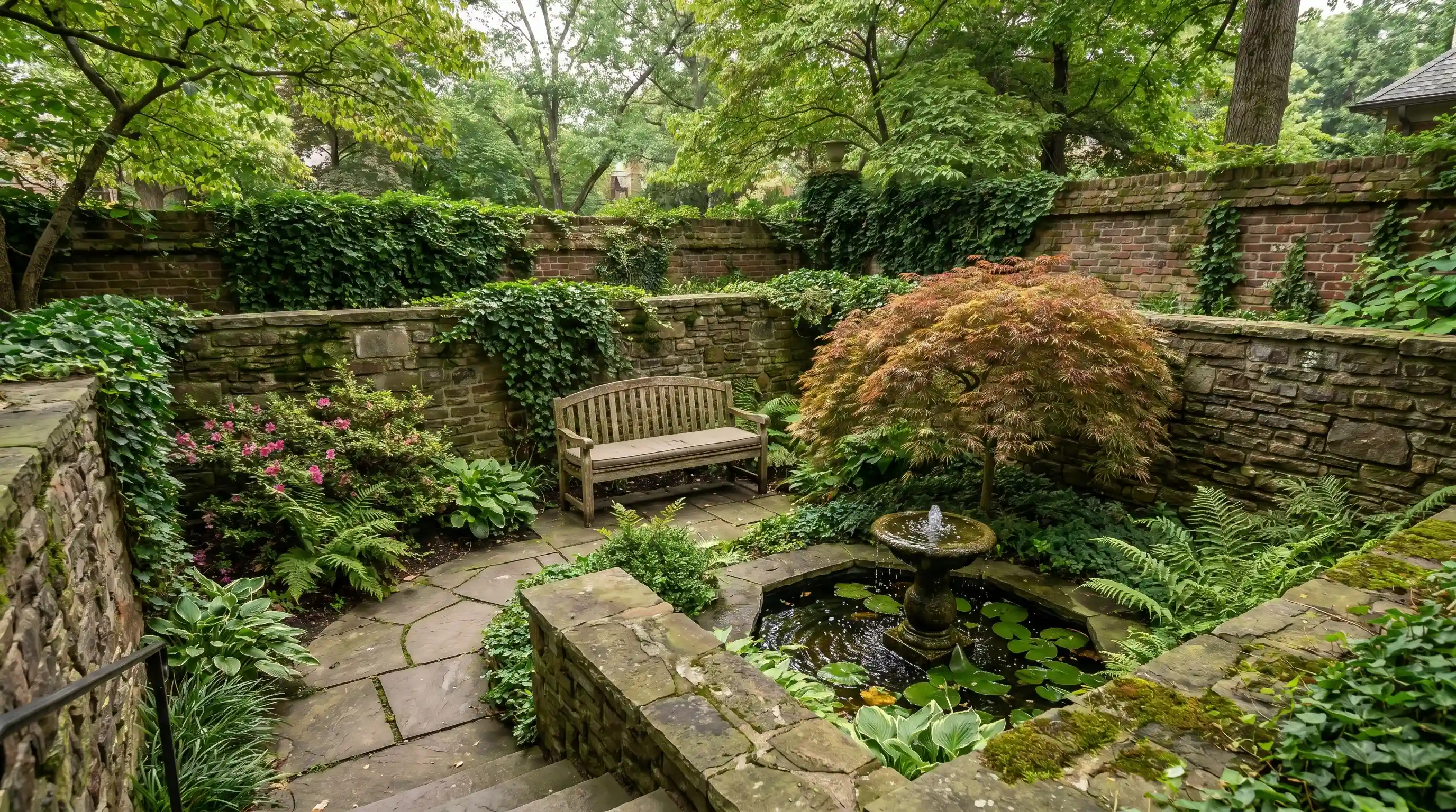 A sunken garden integrated into a tiered layout, featuring a central lower-level planting area surrounded by raised tiers.