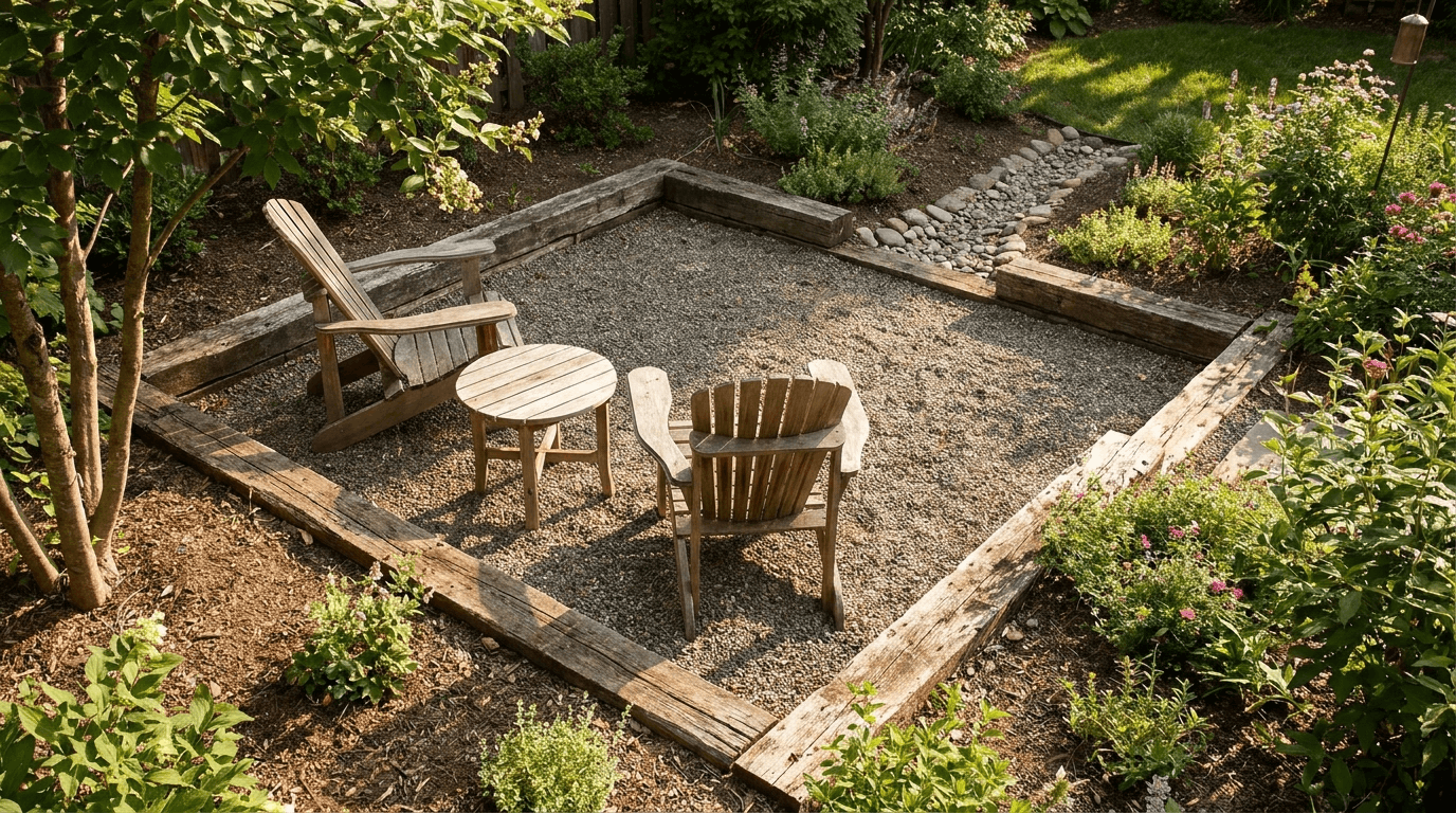 Slightly sunken gravel patio edged with timber or concrete blocks, seating area with table and chairs, sunlight on textures.