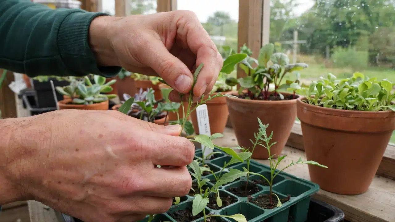 Gardener pinching and training sweet pea seedlings in pots to encourage healthy growth and grow sweet peas.