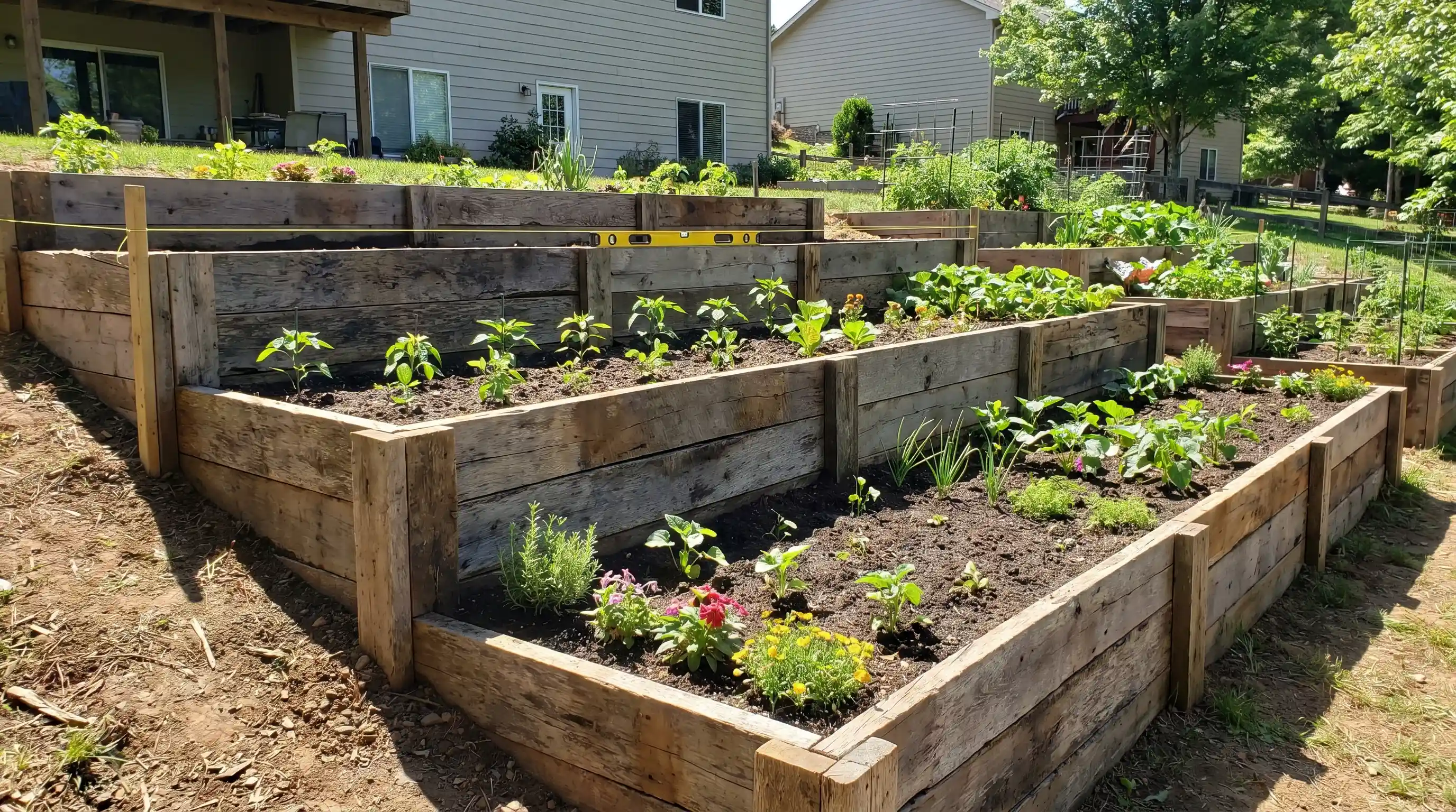 Terraced garden beds made with reclaimed wood on a backyard slope, showcasing budget-friendly slope garden ideas.