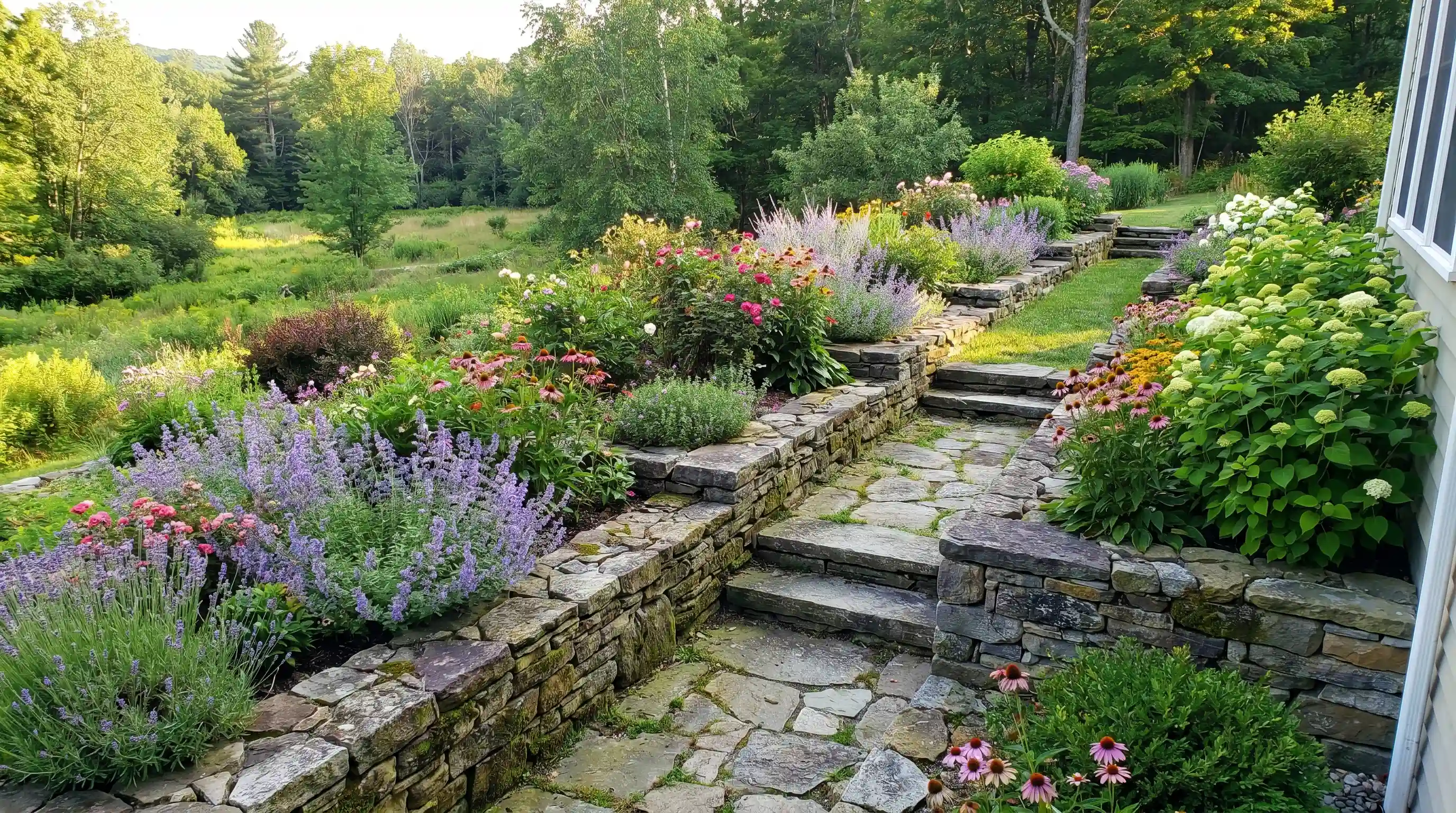 Terraced planting beds in a downward sloping garden filled with colorful flowers and structured stone walls.