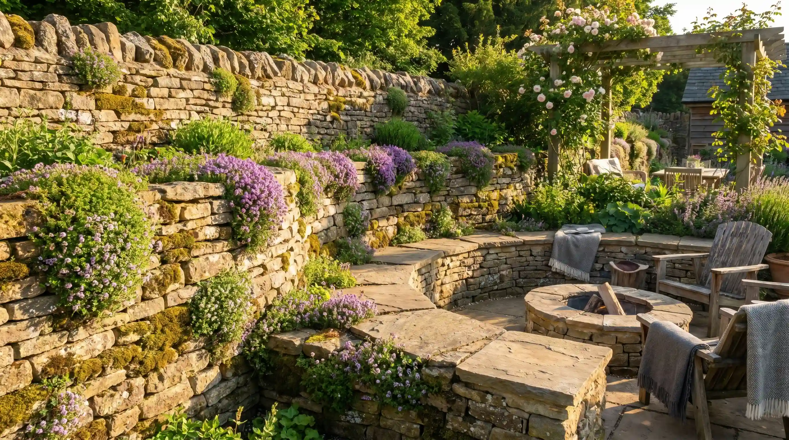 A formal stone terrace garden with neatly arranged stone steps and symmetrical planting, creating a classic and elegant tiered layout.