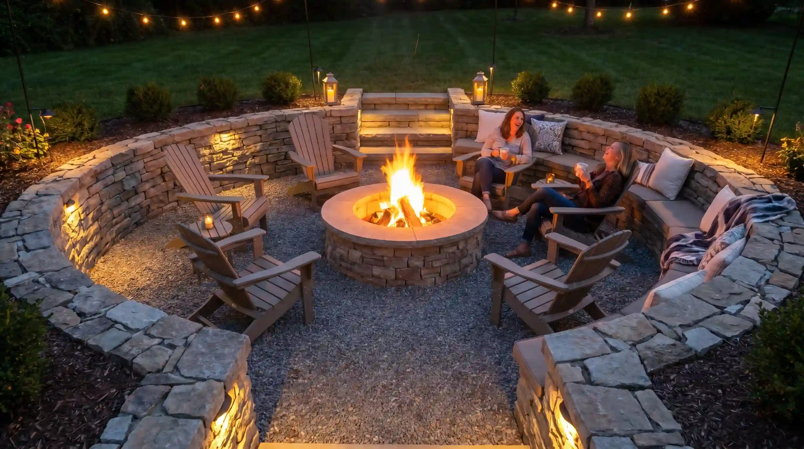 A tiered backyard design with a fire pit at the lower level, surrounded by seating and landscaping to create a social gathering spot.