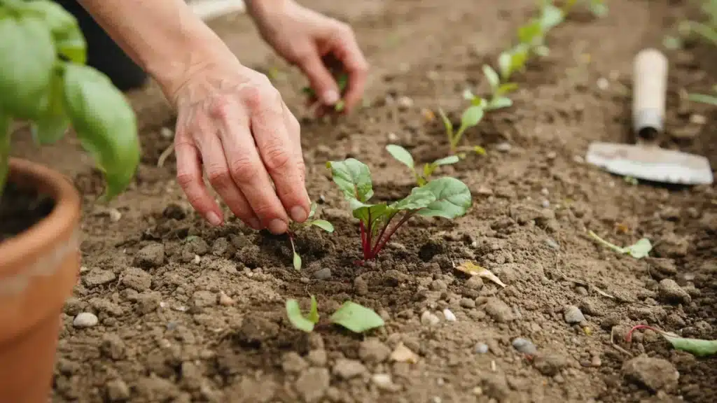 Close-up of hands thinning young beetroot seedlings in garden soil, showing careful spacing of small plants.