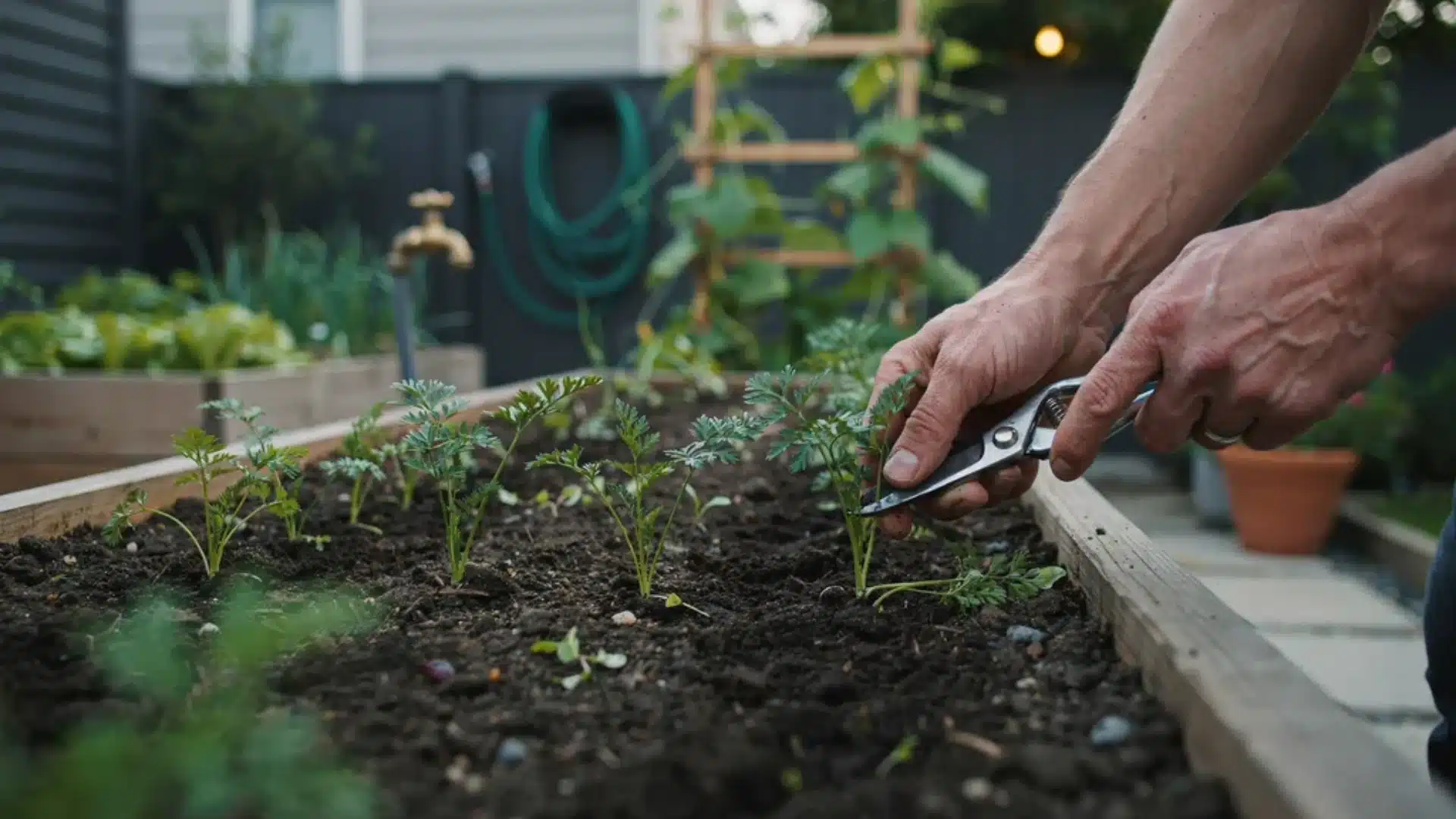 Thinning carrot seedlings in a raised bed using pruning shears to allow space for growth.