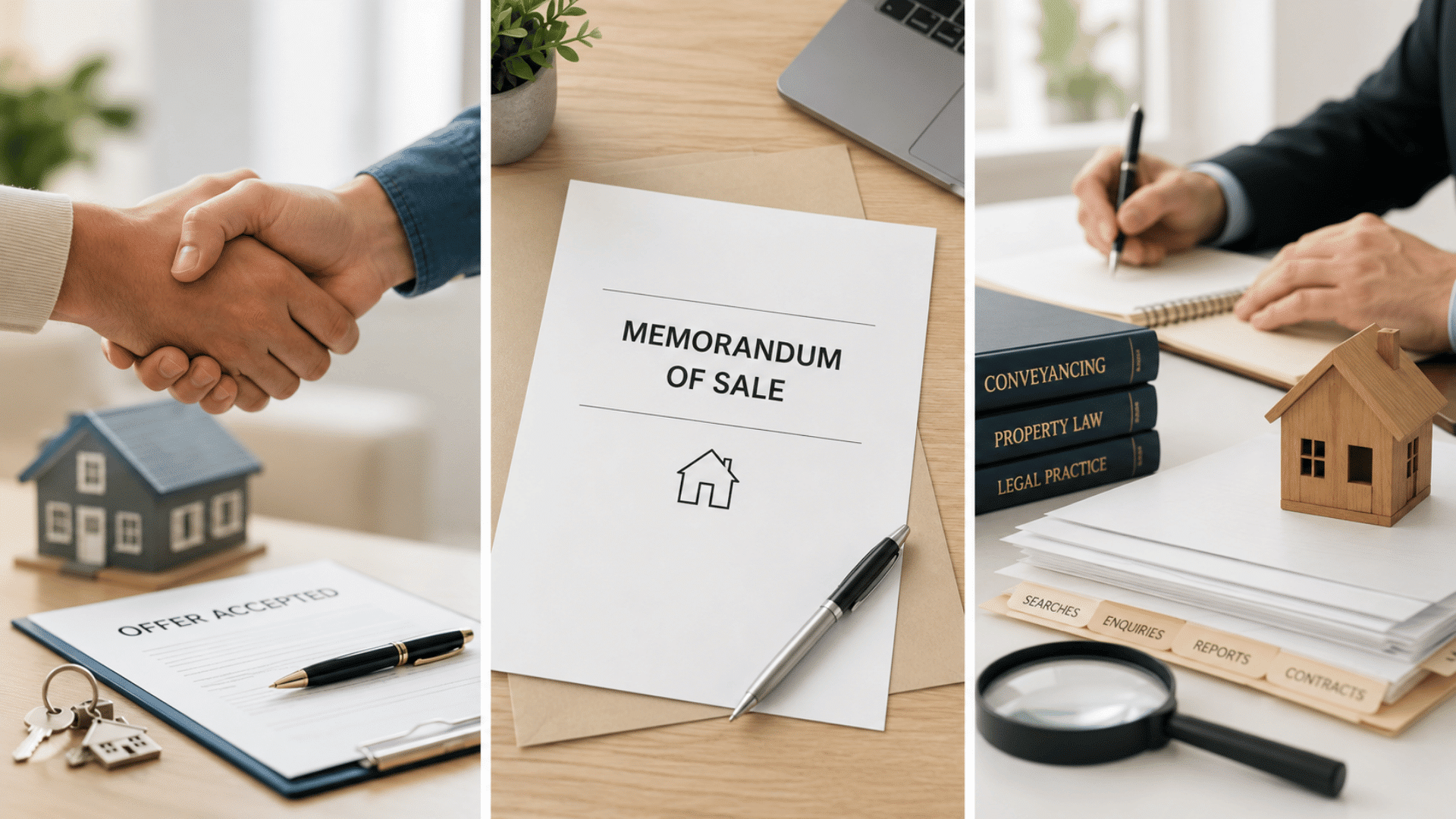 Three-panel collage showing offer acceptance, memorandum of sale document, and legal conveyancing process in property sale.