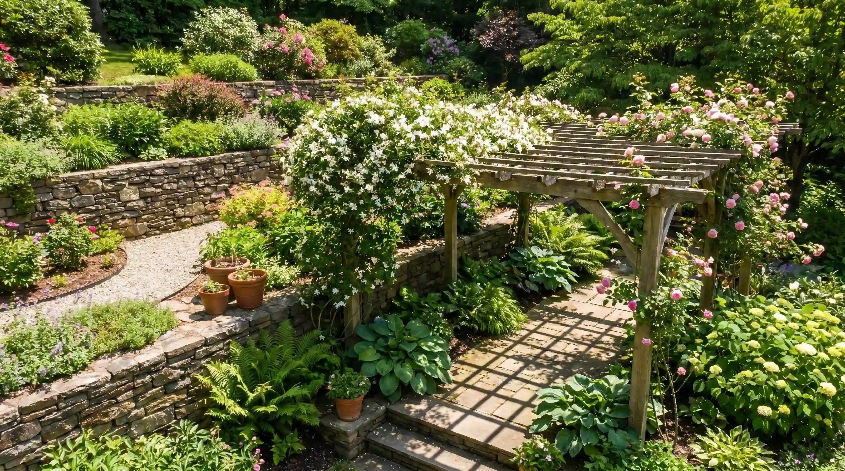 Tiered garden integrated with a pergola or shade structure, featuring climbing plants and shaded seating areas among layered plantings, a unique tiered garden idea.