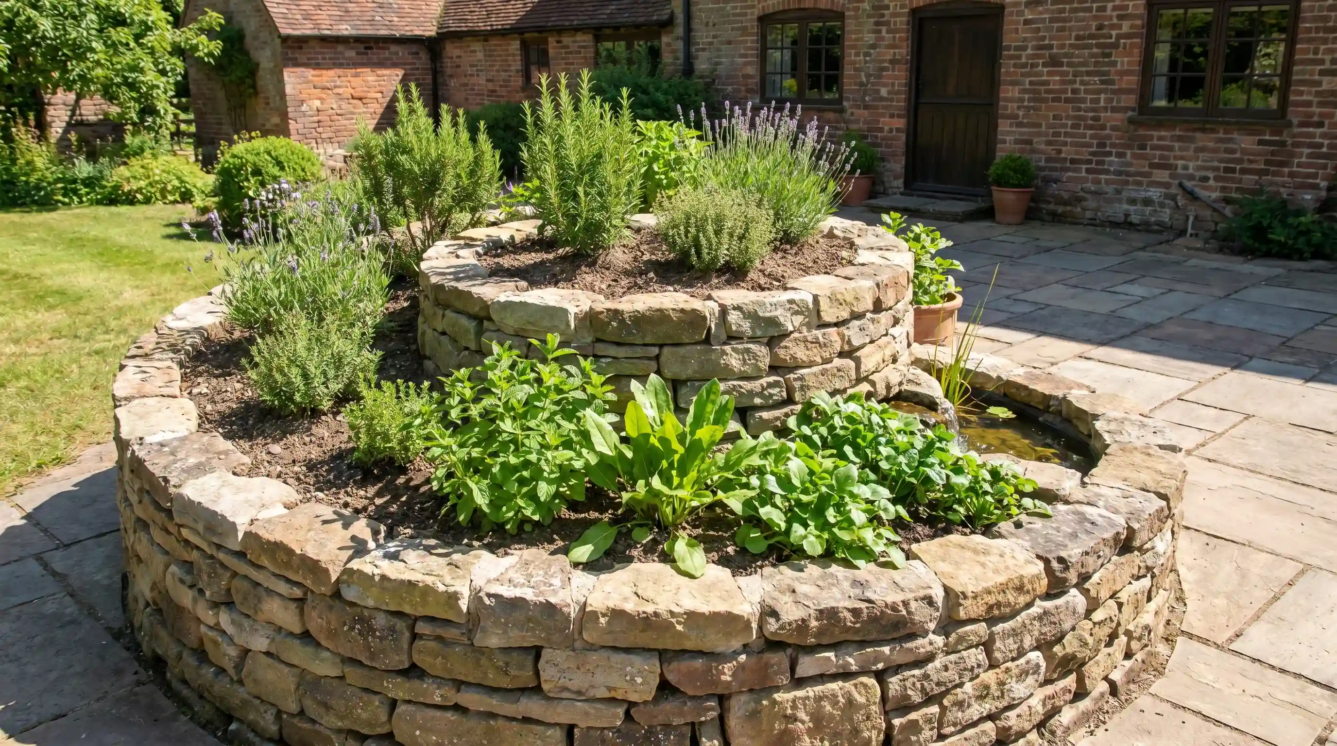 Circular tiered herb spiral garden with various herbs growing in stacked stone beds on a sunny patio, showcasing creative tiered garden ideas.