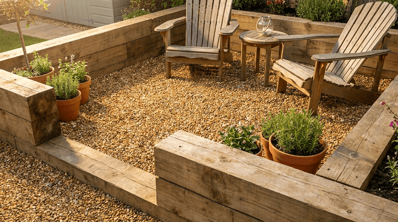 Backyard gravel patio with timber sleeper edging, pea gravel interior, seating with chairs and side table, soft shadows.
