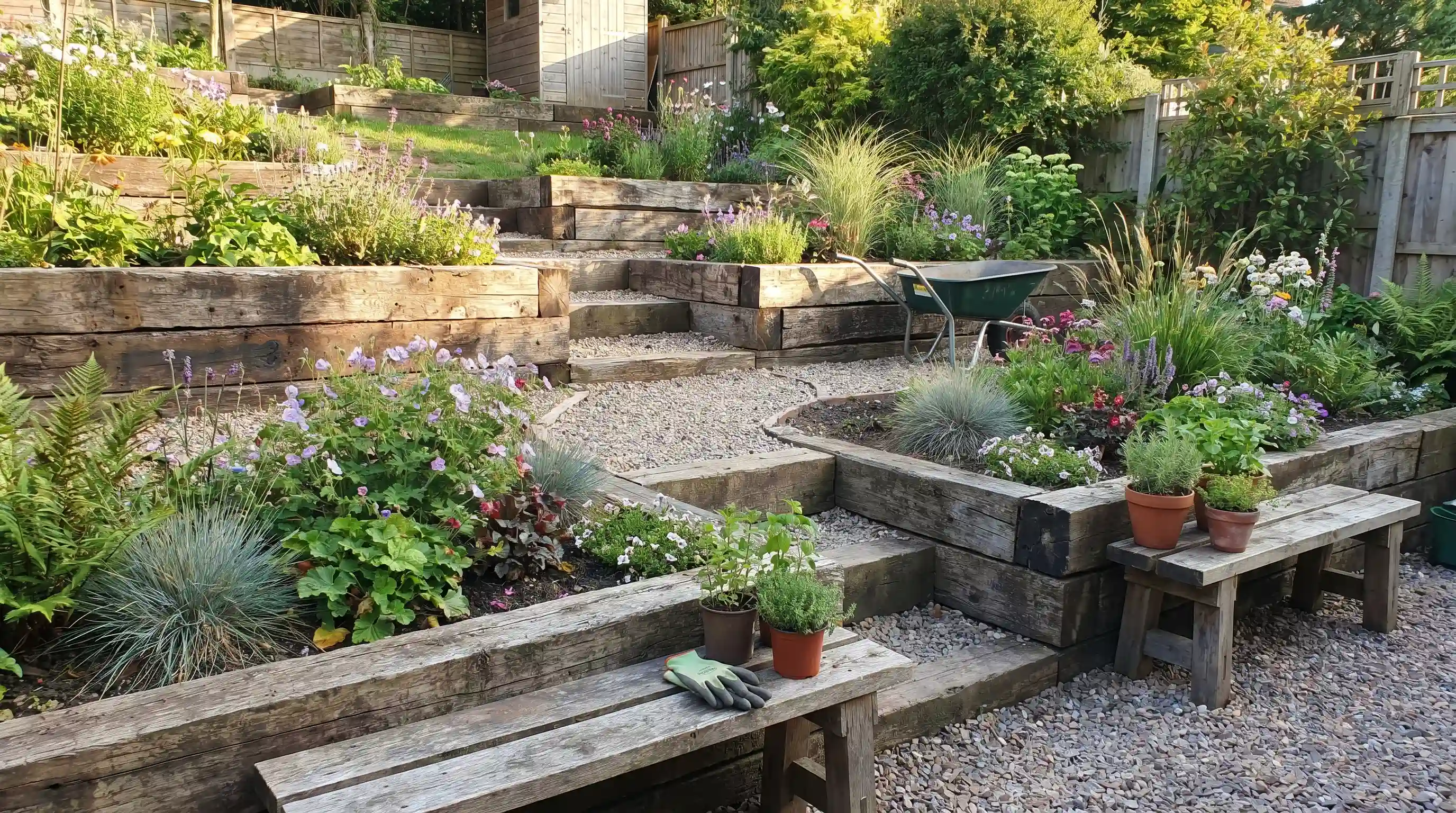 Raised garden tiers made of timber sleepers, integrated with shrubs and flowers for a natural, rustic aesthetic.