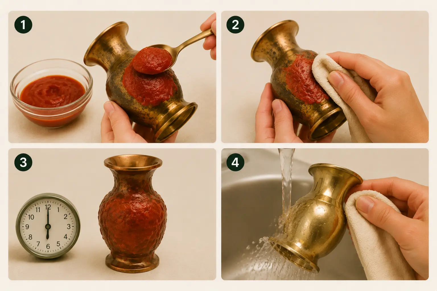 Illustration of cleaning brass with ketchup or tomato paste: apply, gently rub with cloth, rest for heavy tarnish, rinse thoroughly, dry completely.