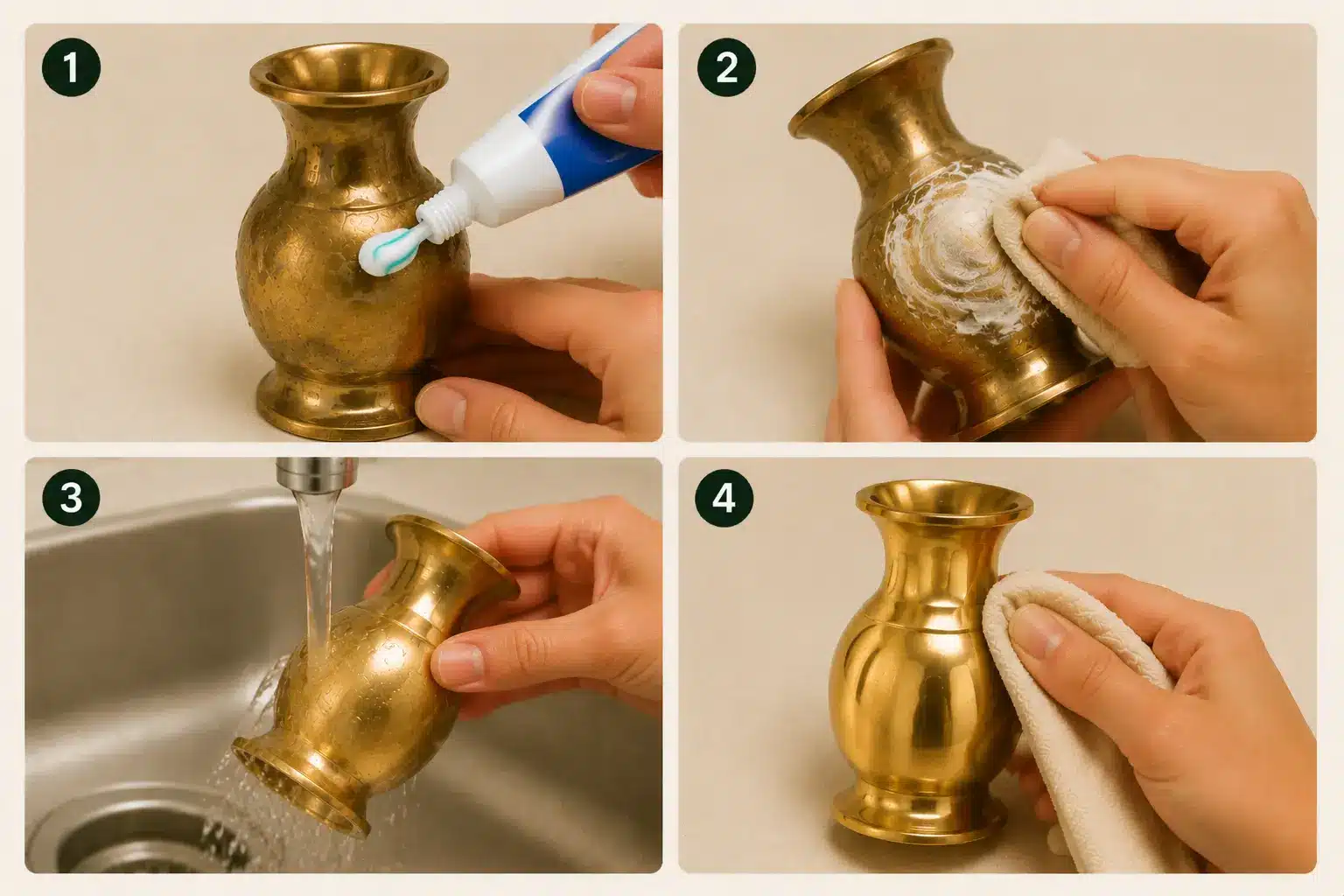 Illustration of cleaning brass with toothpaste: apply a small amount, rub in circles with cloth/toothbrush, rinse with warm water, dry immediately for shine.