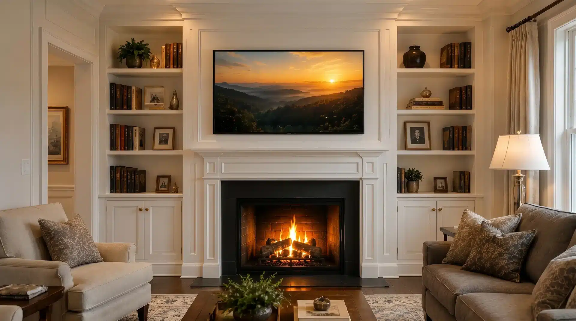 TV above white wood fireplace mantel with symmetrical built-in bookshelves either side.