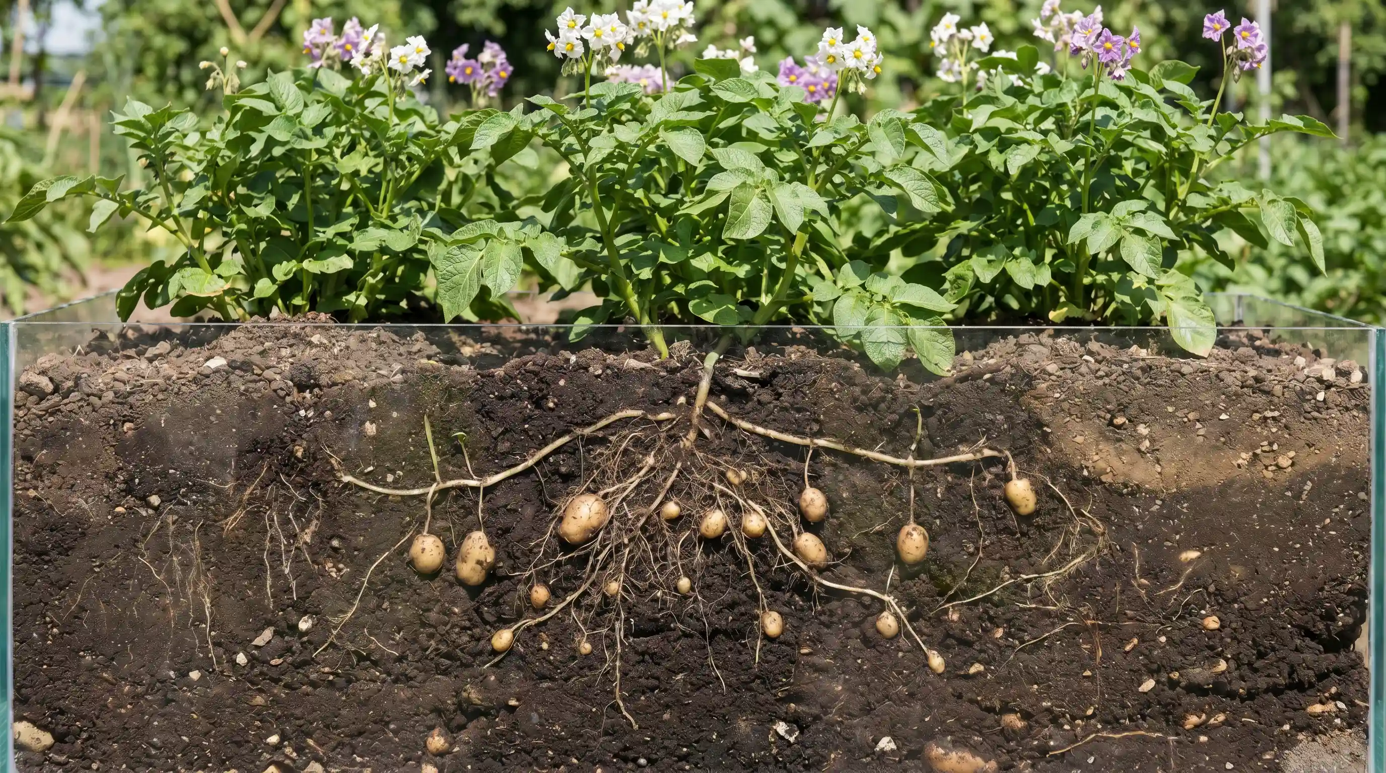 Cutaway view of potato plants flowering above ground, with small tubers forming along stolons below soil surface.