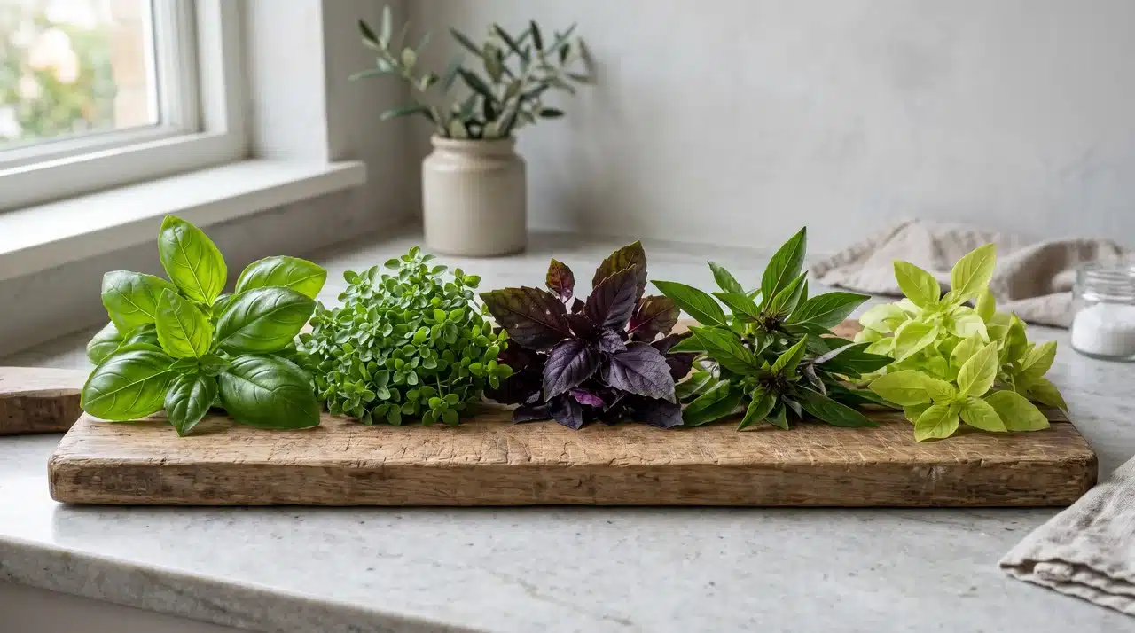 How to grow basil: five basil varieties including Genovese, Thai, Greek, purple, and lemon basil side by side.