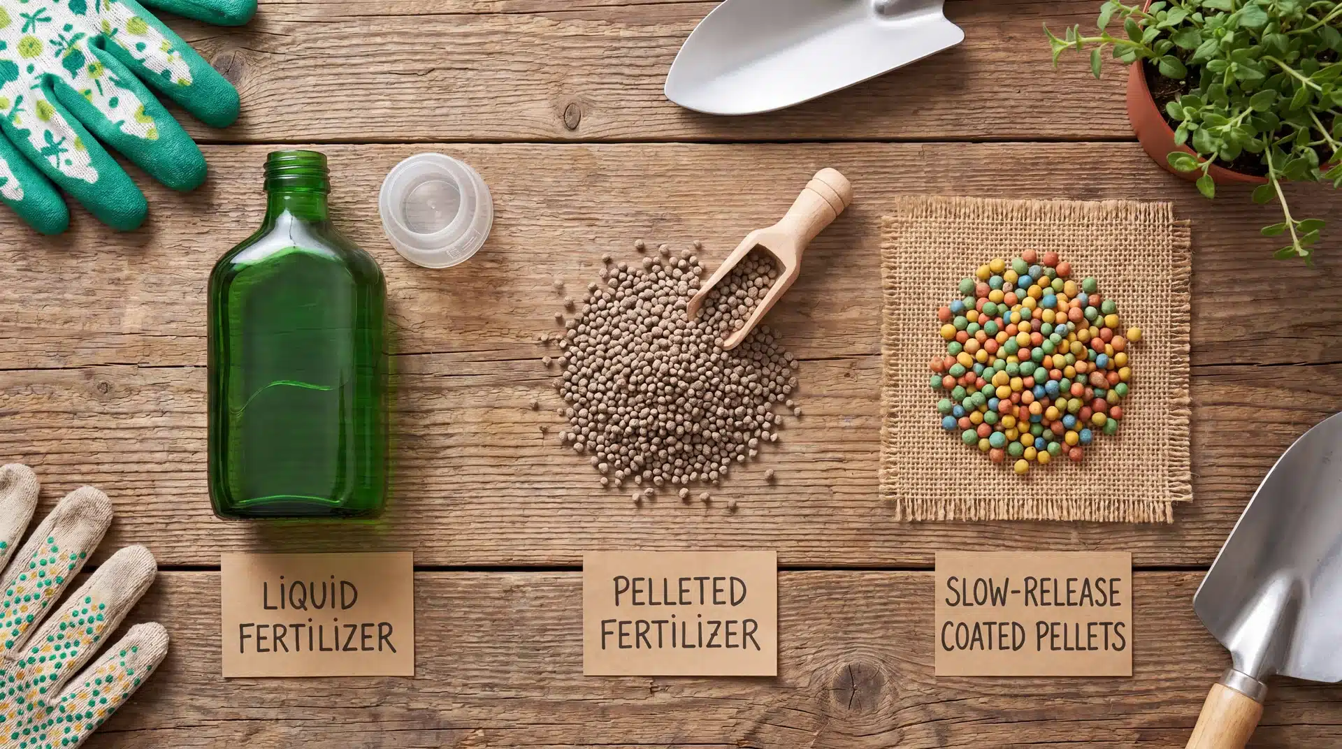 Various fertilizers, including liquid, pelleted, and slow-release coated pellets, are displayed with labels for easy comparison.
