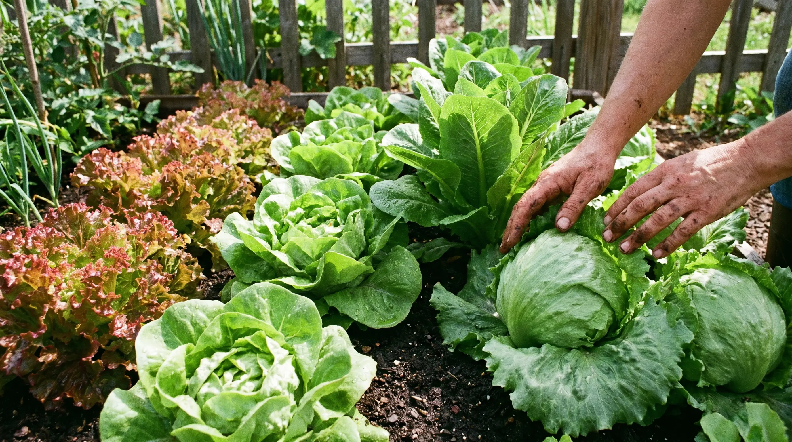 A garden plot showing four types of lettuce growing side by side: looseleaf, Butterhead, Romaine, and Crisphead (Iceberg). Leaves vary in shape, size, and color, illustrating different varieties and stages of growth.