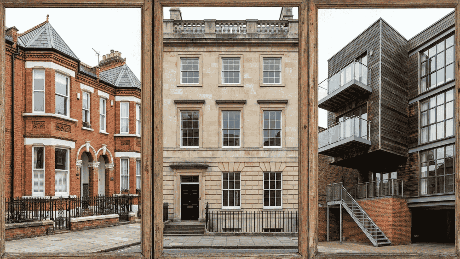 Three-panel image showing Victorian terraced houses, a Georgian town house, and modern apartments with balconies.