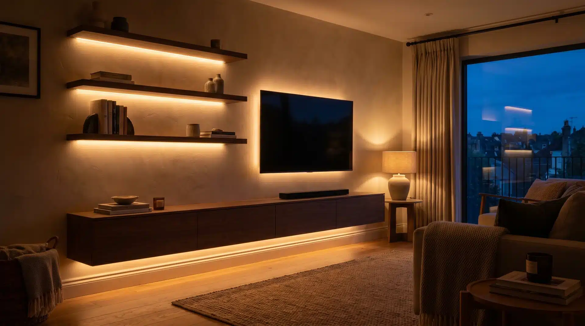 Under-shelf and under-unit warm LED accent lighting on a media wall creating layered glow in a living room