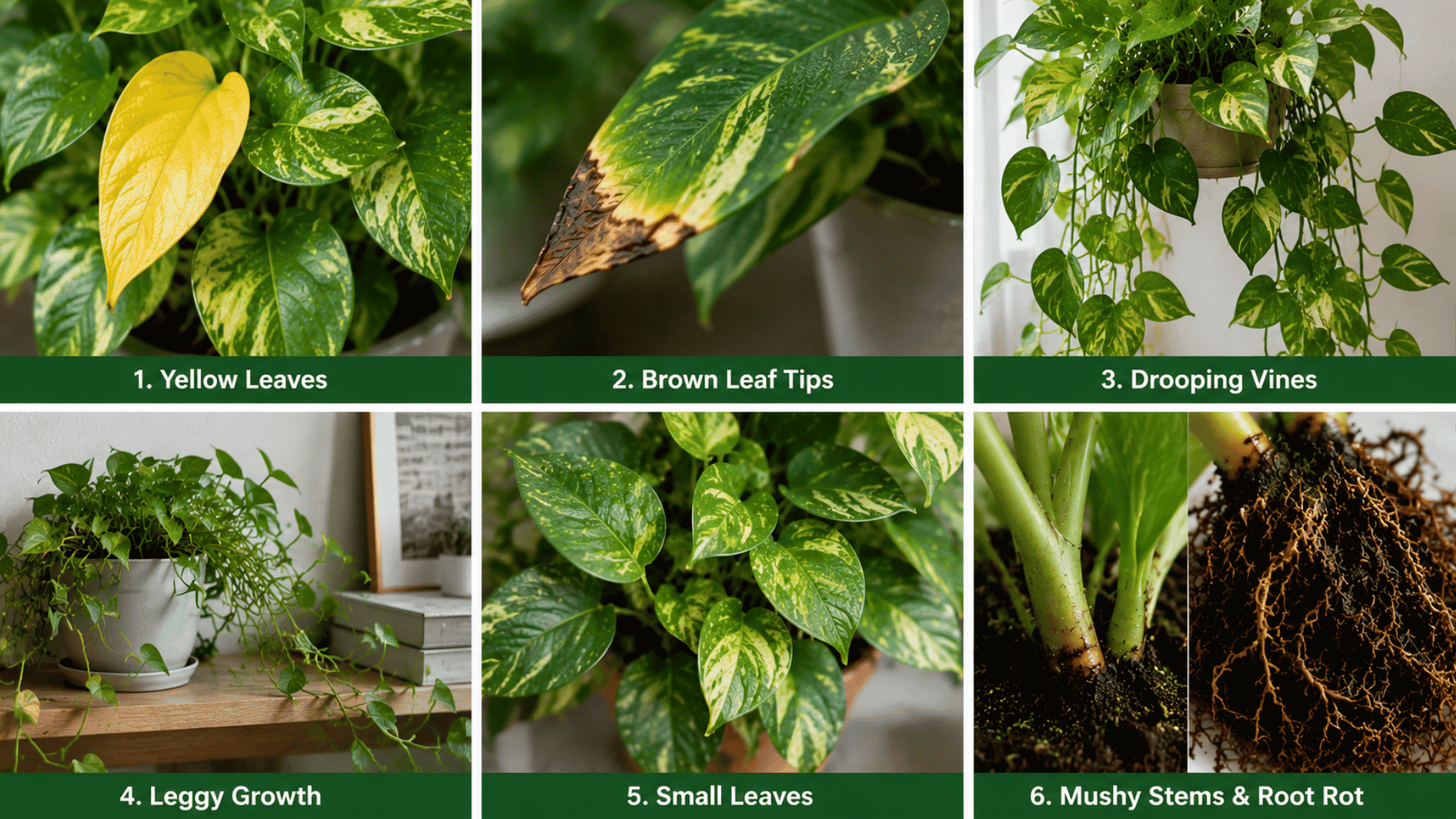 Image showing common pothos problems and how to fix them, including yellow leaves, brown tips, drooping vines, and root rot.