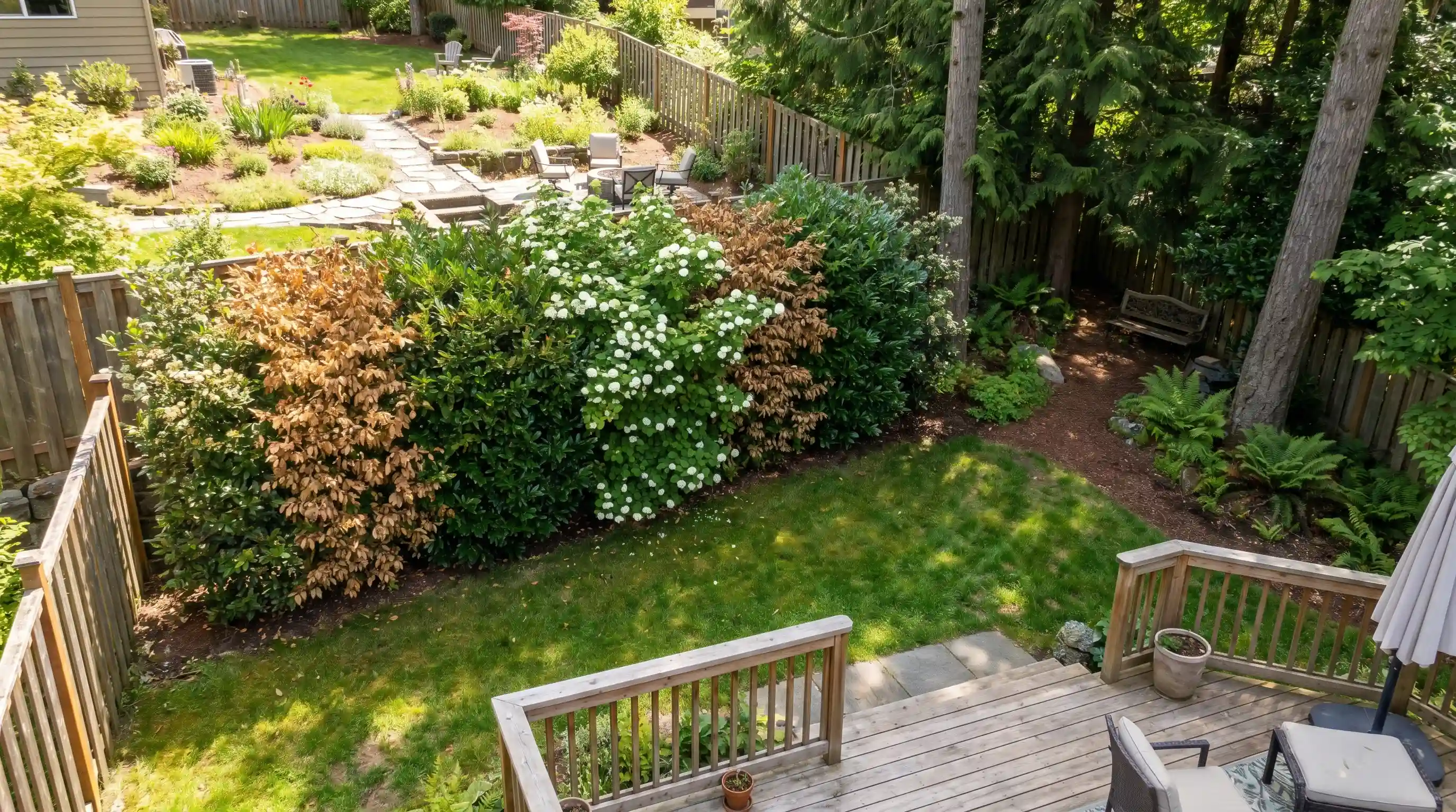 View from house of a downward sloping garden with seating area, multiple terraces, and lush green planting.