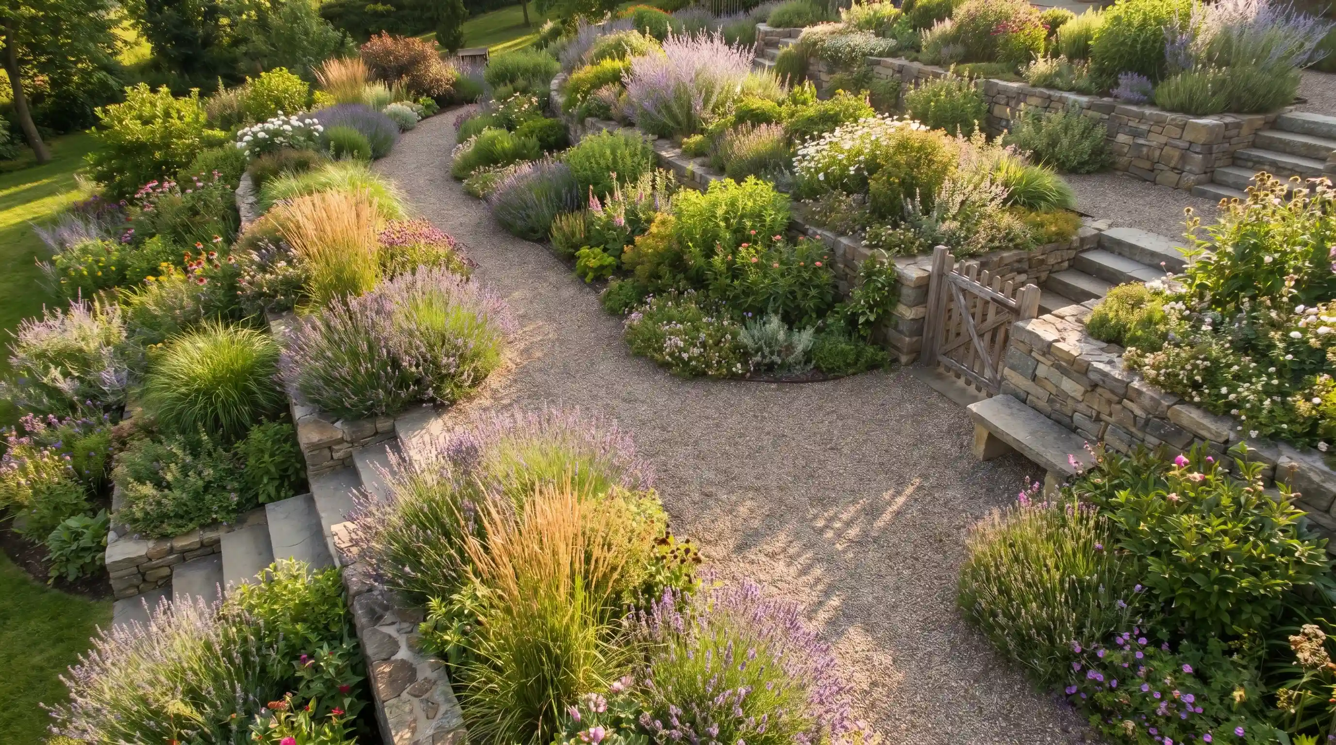 Winding pathway controlling descent through a downward sloping garden, surrounded by layered plants and stone steps.