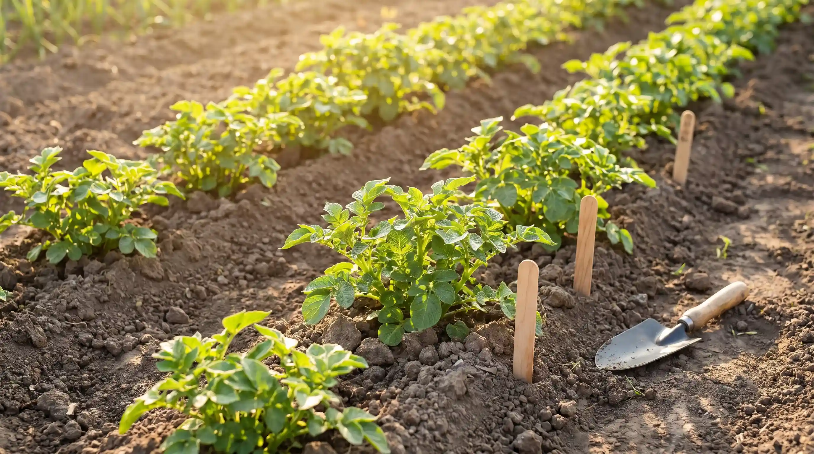 Healthy potato plants growing in a sunny garden with green stems and leaves emerging above the soil.