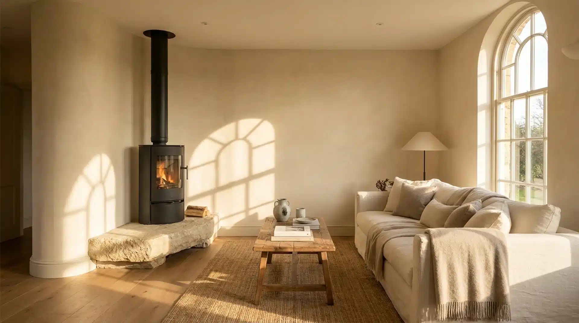 Elegant living room with Venetian plaster walls and a freestanding log burner.