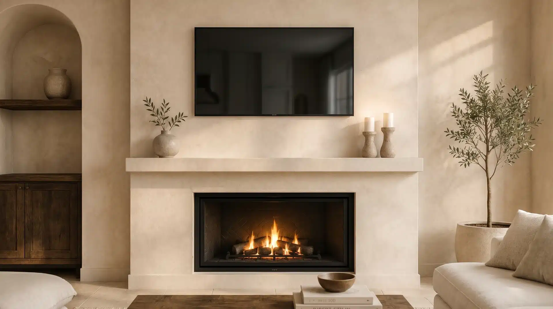 Flat screen TV mounted flush against cream Venetian plaster wall above fireplace.