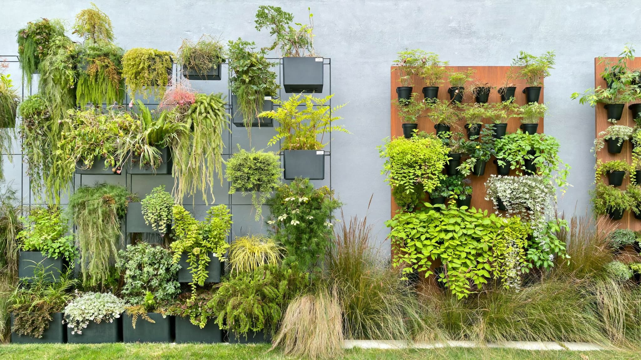 Modern vertical garden wall with hanging plants, lush greenery, and stylish outdoor landscaping.